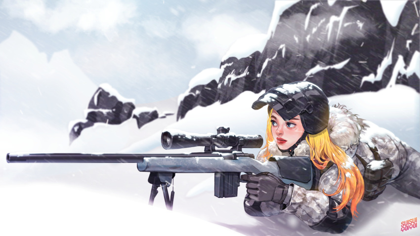 1girl absurdres bandolier blonde_hair blue_eyes bolt_action camouflage_jacket chin_strap commentary elbow_pads english_commentary finger_on_trigger gloves gun helmet highres lips lying m24 making-of_available mountain nose on_stomach playerunknown's_battlegrounds remington_arms remington_model_700 rifle scope sniper sniper_rifle snow suisui_again tripod weapon welding_mask
