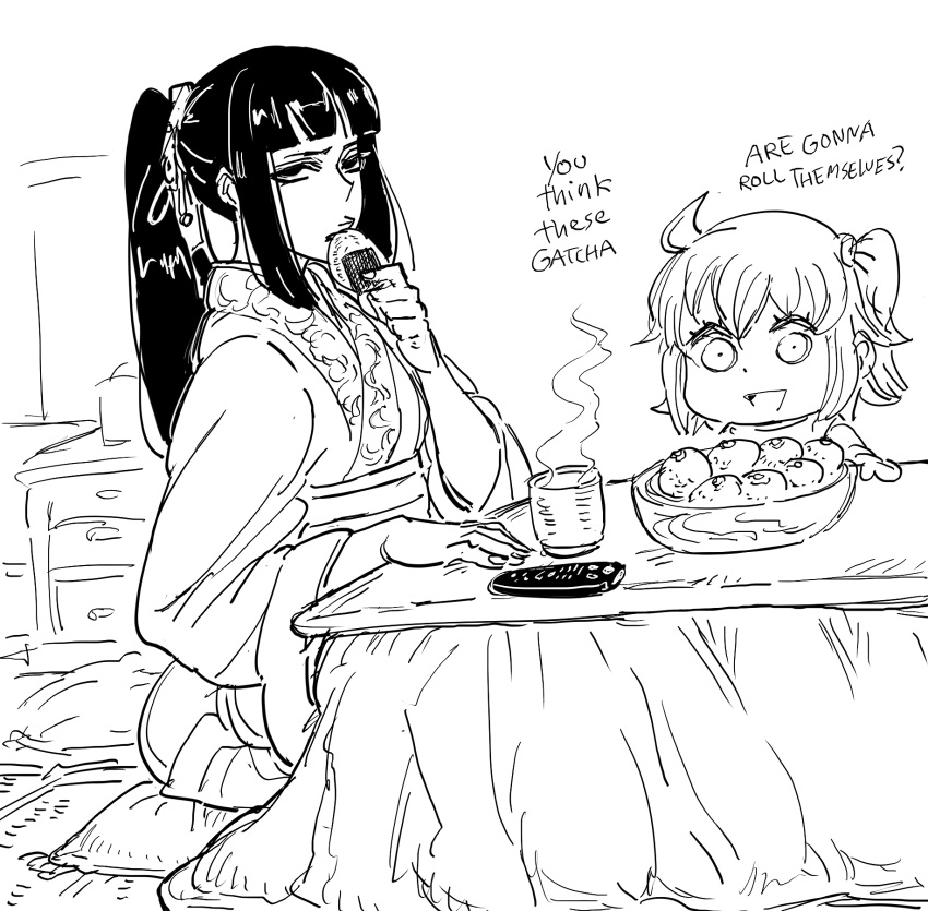 :d bangs bb_(baalbuddy) blunt_bangs commentary controller cup eating english_commentary fate/grand_order fate_(series) food fujimaru_ritsuka_(female) gacha greyscale highres hime_cut holding holding_food japanese_clothes jing_ke_(fate/grand_order) kimono kotatsu long_hair long_sleeves looking_at_viewer monochrome obi onigiri open_mouth pillow ponytail remote_control sash sitting smile steam table wide_sleeves