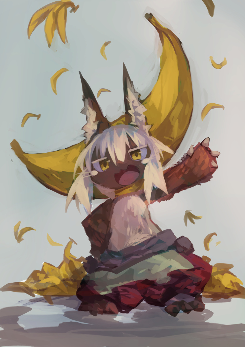 1other absurdres androgynous banana bangs food fruit furry grey_background hair_between_eyes highres kaamin_(mariarose753) made_in_abyss nanachi_(made_in_abyss) open_mouth solo whiskers white_hair yellow_eyes