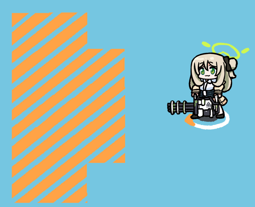 1girl :3 absurdres arknights black_footwear black_skirt blue_archive blue_background cardigan chibi closed_mouth crossover green_eyes green_halo gun halo highres holding holding_gun holding_weapon lanyard light_brown_hair long_hair machine_gun miniskirt nonomi_(blue_archive) one_side_up panatisia plaid plaid_skirt shirt simple_background skirt solo standing weapon white_shirt yellow_cardigan