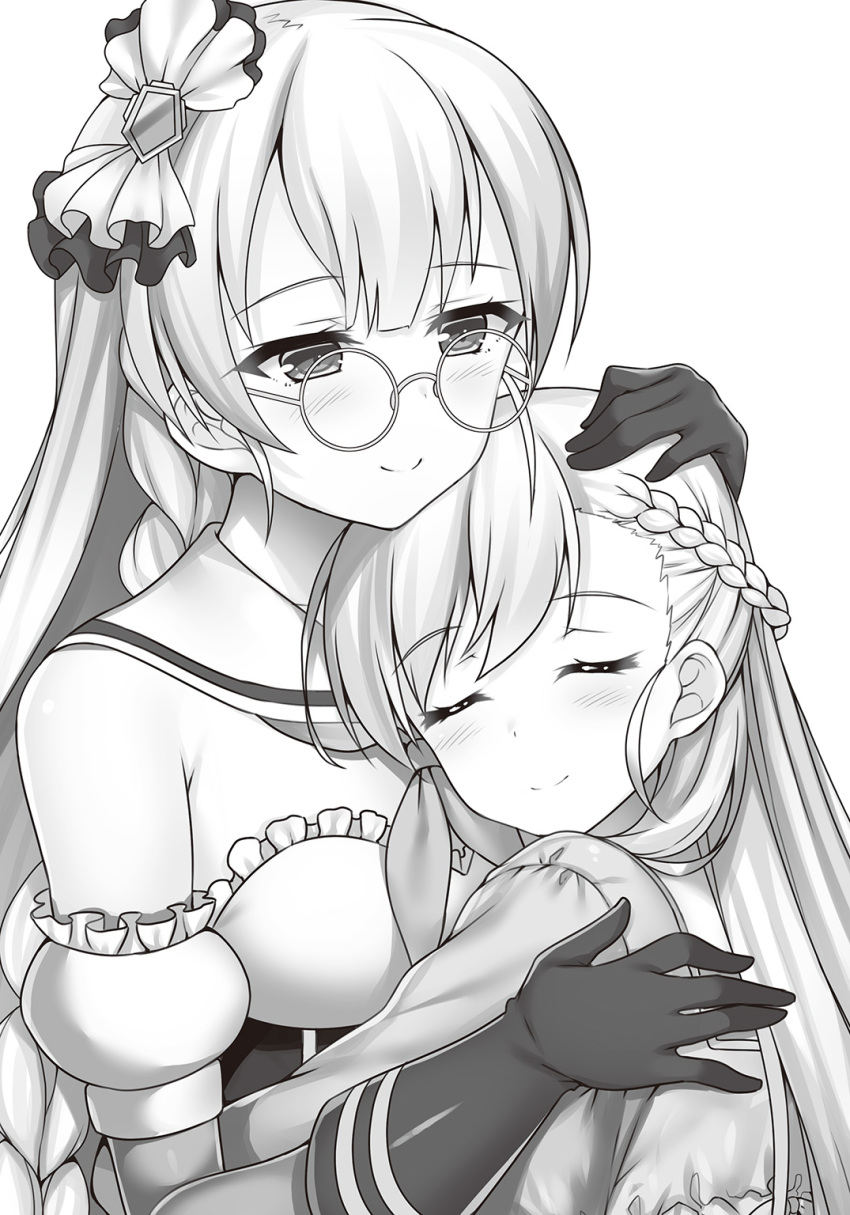 2girls azur_lane belfast_(azur_lane) blush breasts closed_eyes closed_mouth edinburgh_(azur_lane) elbow_gloves eyebrows_visible_through_hair facing_another glasses gloves greyscale hand_on_another's_head highres hug long_hair looking_at_another medium_breasts monochrome multiple_girls neckerchief raiou smile