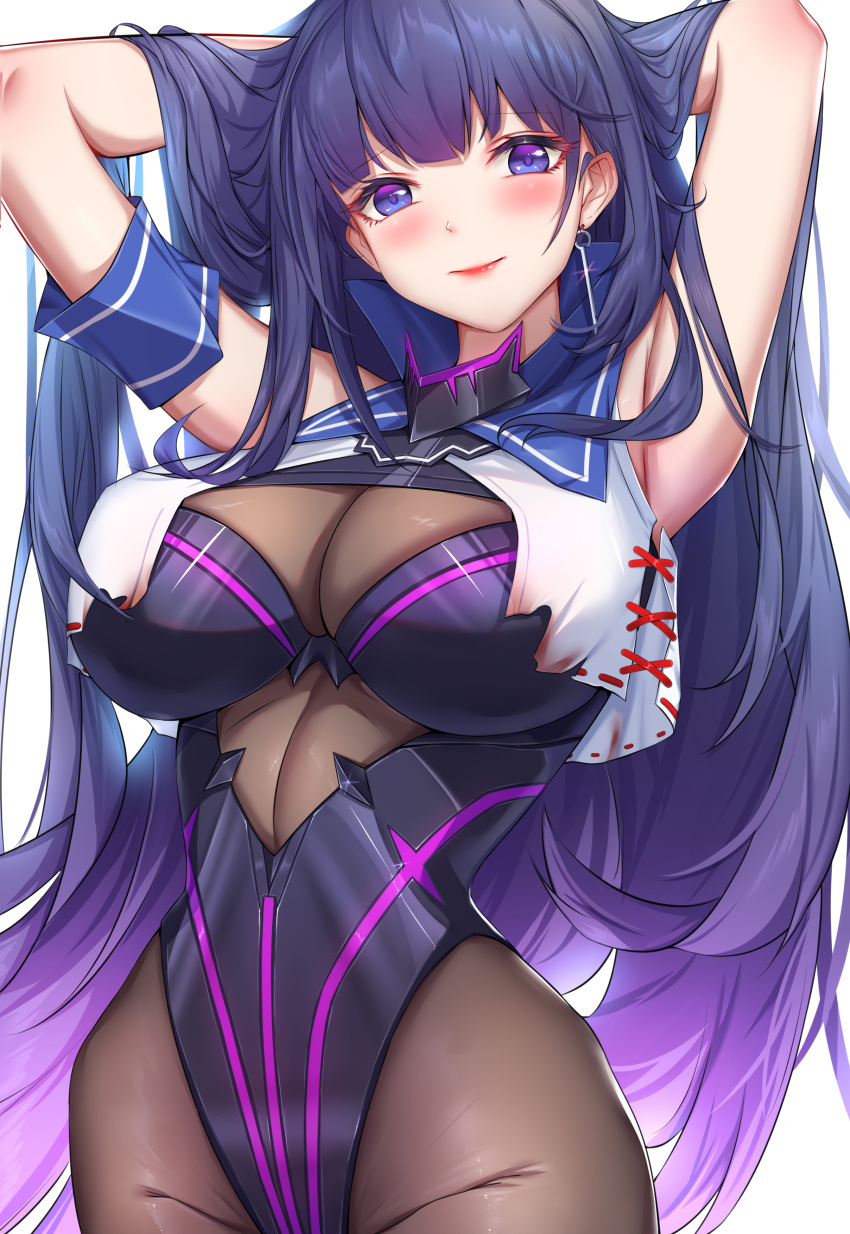 1girl absurdres armband armor armored_dress armpits blue_eyes blush braid breasts cleavage_cutout commentary_request cropped_vest earrings glint groin hand_behind_head hands_in_hair highres honkai_(series) honkai_impact_3rd jewelry large_breasts long_hair looking_at_viewer partial_bodysuit ponytail purple_hair raiden_mei raiden_mei_(lightning_empress) side_braid smile very_long_hair wu_ganlan_cai