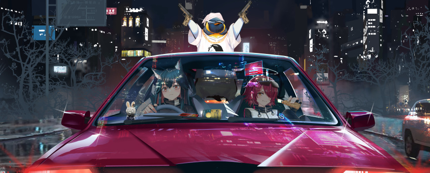 2girls :t absurdres animal_ear_fluff animal_ears arknights arms_up beer_can bird black_hair brown_eyes can car city commentary driving dual_wielding exusiai_(arknights) eyewear_on_head glint ground_vehicle gun halo hamachi_hazuki hand_up handgun highres holding holding_gun holding_weapon jacket jewelry long_hair motor_vehicle multiple_girls necklace night night_sky outdoors penguin pistol redhead shirt short_sleeves sky smile sunglasses t-shirt texas_(arknights) the_emperor_(arknights) weapon white_jacket white_shirt wolf_ears