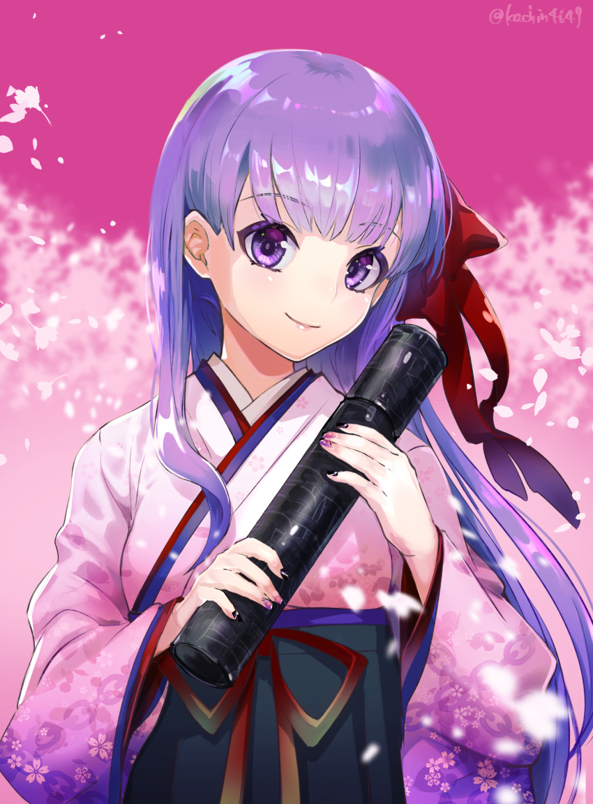 1girl bangs bb_(fate)_(all) bb_(fate/extra_ccc) black_hakama blurry blurry_background bow closed_mouth commentary_request depth_of_field eyebrows_visible_through_hair fake_nails fate/grand_order fate_(series) floral_print graduated_cylinder hair_bow hakama highres japanese_clothes kachin kimono long_hair long_sleeves petals pink_kimono print_kimono purple_hair red_bow red_ribbon ribbon smile solo twitter_username violet_eyes wide_sleeves