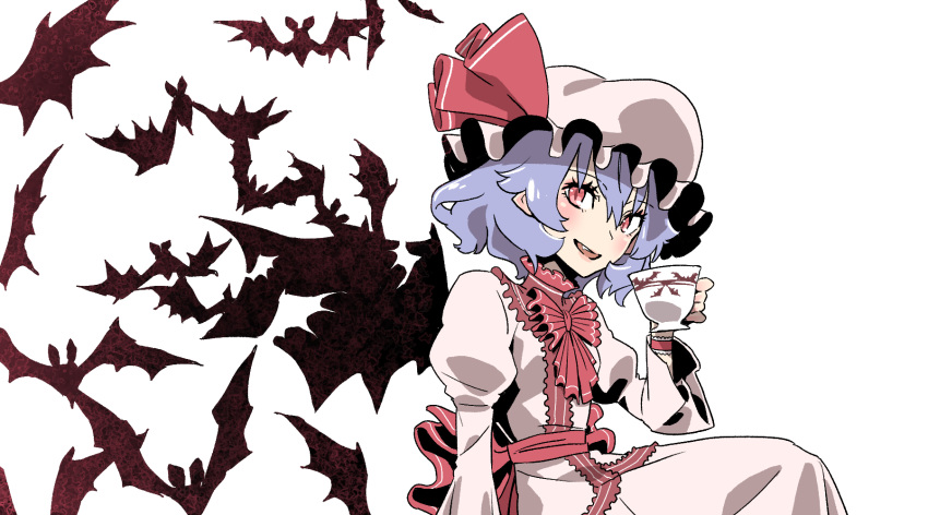 1girl bat bat_wings blue_hair blush cup fang hand_up hat hat_ribbon highres holding holding_cup juliet_sleeves kawayabug long_sleeves mob_cap open_mouth pink_headwear pointy_ears puffy_sleeves red_eyes red_neckwear red_ribbon remilia_scarlet ribbon short_hair simple_background solo teacup touhou upper_body vampire white_background wings wrist_cuffs