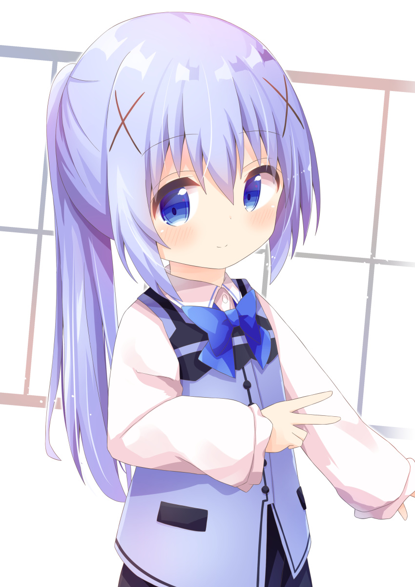 1girl absurdres alternate_hairstyle bangs black_skirt blue_bow blue_eyes blue_hair blue_vest blush bow closed_mouth collared_shirt commentary_request dress_shirt eyebrows_visible_through_hair gochuumon_wa_usagi_desu_ka? hair_between_eyes hair_ornament highres kafuu_chino long_hair long_sleeves nakkar ponytail rabbit_house_uniform shirt sidelocks skirt sleeves_past_wrists smile solo uniform v very_long_hair vest waitress white_background white_shirt wide_sleeves x_hair_ornament