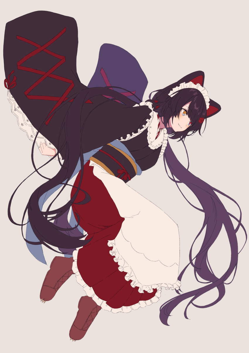1girl animal_ears bangs black_hair blush closed_mouth dog_ears dog_girl dog_hair_ornament flat_color flower from_side full_body hair_flower hair_ornament heterochromia highres inui_toko japanese_clothes jumping kimono long_hair long_sleeves maid_headdress nijisanji obi open_mouth red_eyes red_footwear sash simple_background smile solo talunilu_uu3 twintails very_long_hair virtual_youtuber wa_maid