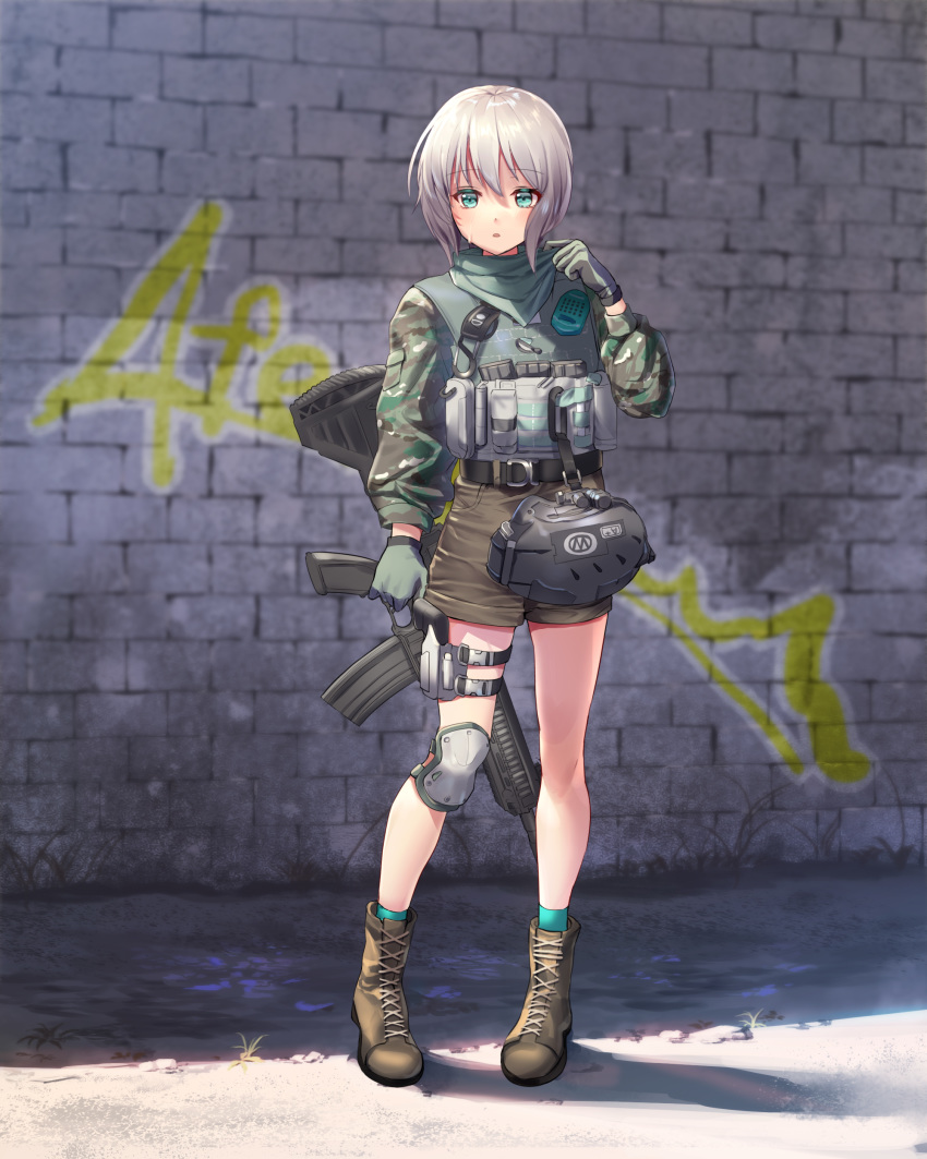 1girl absurdres aoba_moca assault_rifle bang_dream! belt blush boots brick_wall camouflage_jacket combat_boots commentary_request eyebrows_visible_through_hair facial_mark flat_chest full_body gloves green_eyes green_gloves gun handgun headwear_removed helmet helmet_removed highres holster holstered_weapon hot load_bearing_vest long_legs military_operator neckerchief nogi_momoko pistol rifle short_hair shorts silver_hair single_knee_pad socks solo standing thigh_holster weapon