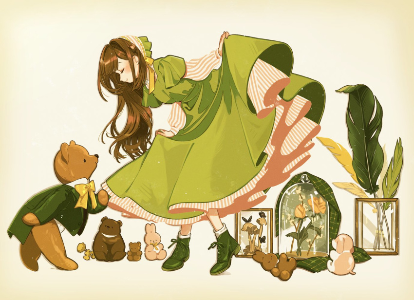 1girl boots brown_hair closed_eyes curtsey dress flower green_dress headdress keishin leaning_forward long_hair original rose skirt_hold striped striped_dress stuffed_animal stuffed_toy teddy_bear tuxedo