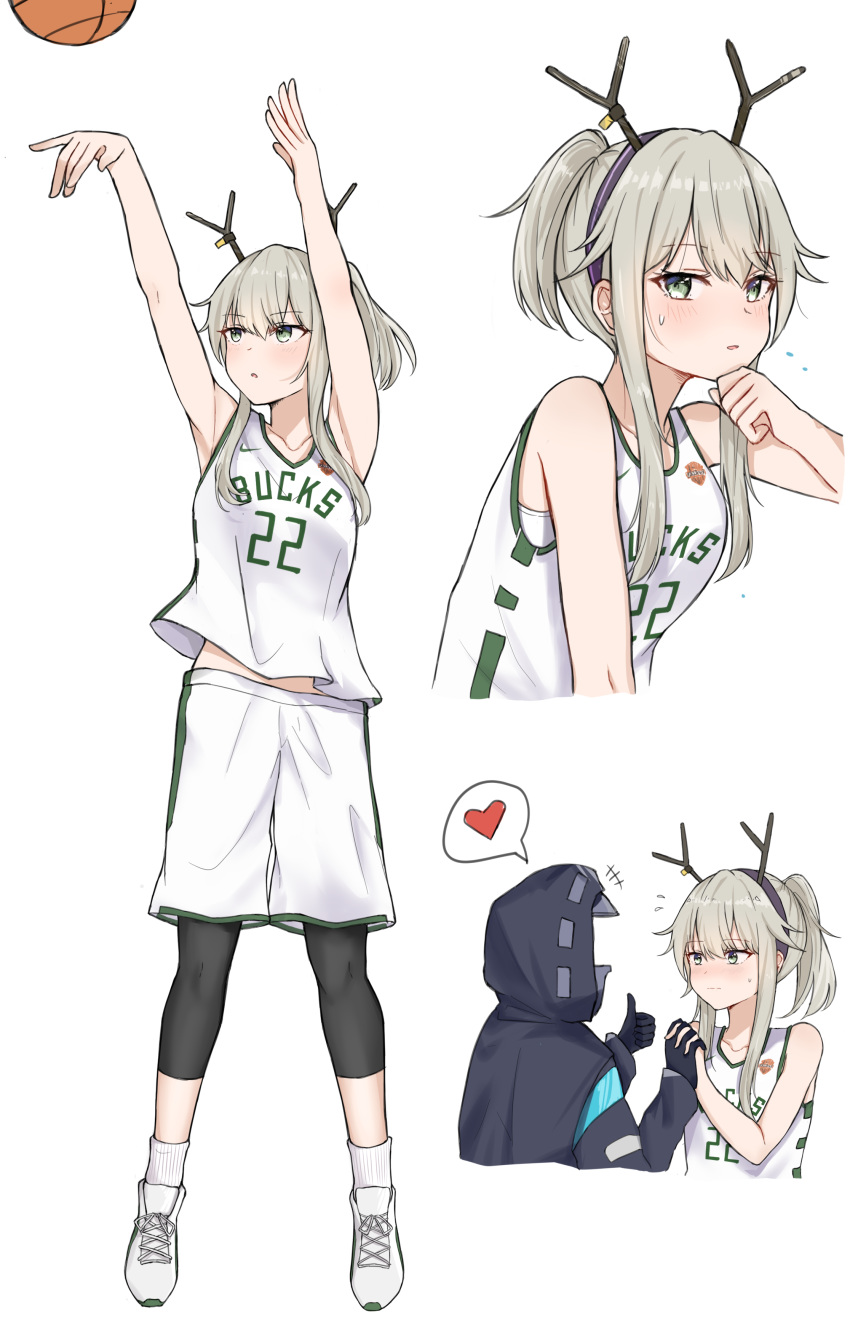 +++ 1girl absurdres ambiguous_gender antlers arknights arms_up bangs bare_shoulders basketball basketball_jersey basketball_uniform bike_shorts blush breasts chinese_commentary collarbone cropped_torso deer_antlers deer_girl doctor_(arknights) eyebrows_visible_through_hair firewatch_(arknights) flying_sweatdrops full_body green_eyes grey_hair hair_between_eyes hairband heart highres interlocked_fingers jumping long_hair looking_at_another looking_at_viewer mango_(mgo) milwaukee_bucks multiple_views national_basketball_association nose_blush ponytail shoes shorts sidelocks simple_background small_breasts socks spoken_heart sportswear sweat thumbs_up upper_body white_background wiping_face