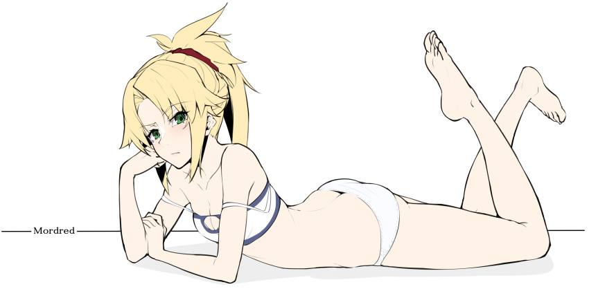 1girl absurdres blonde_hair breasts character_name commentary_request eyebrows_visible_through_hair fate_(series) feet green_eyes hand_on_own_cheek highres looking_at_viewer mordred_(fate)_(all) mordred_(swimsuit_rider)_(fate) raised_eyebrow small_breasts solo takatun223 white_background
