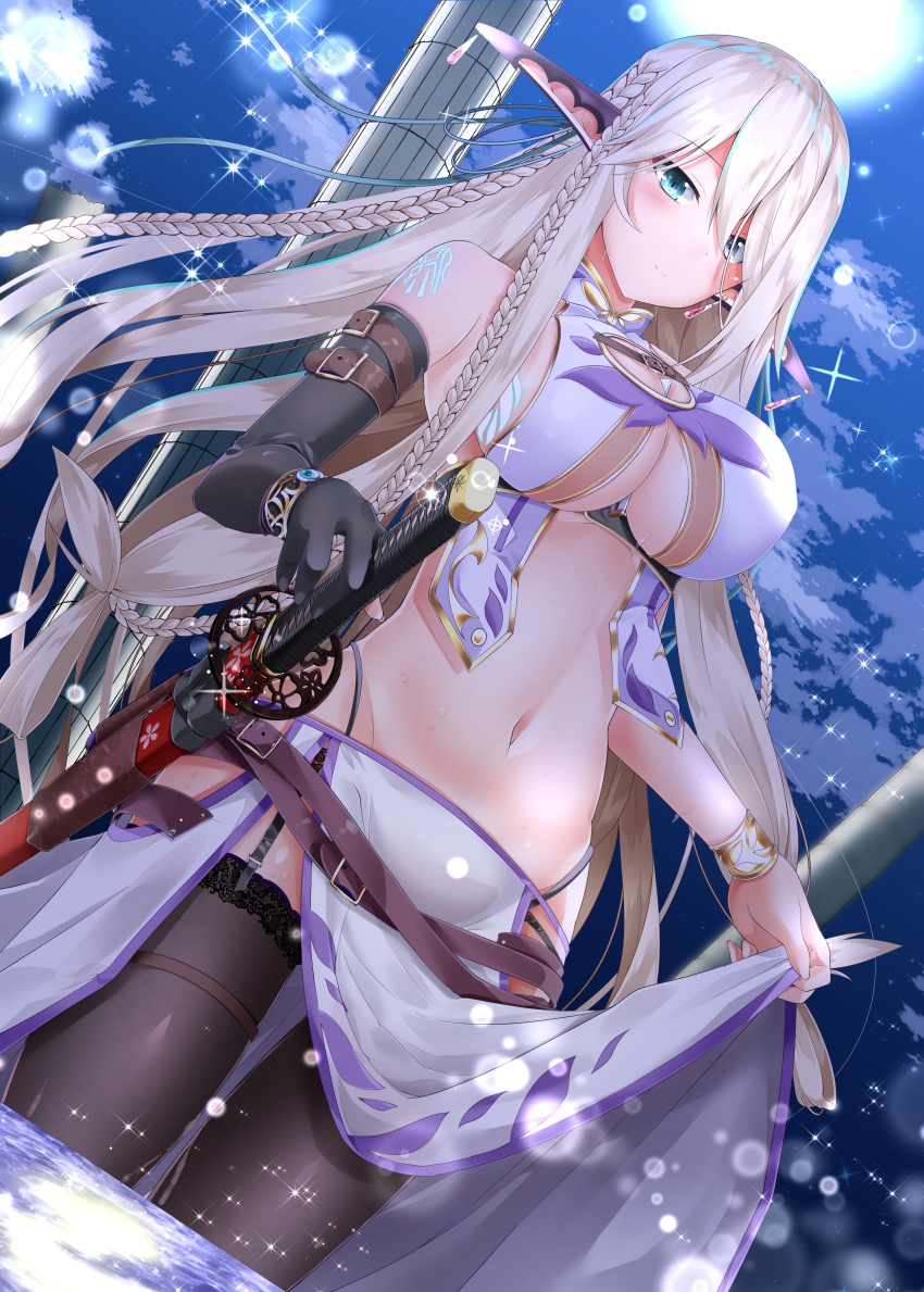 1girl absurdres aqua_eyes backlighting bangle bangs belt black_gloves black_legwear black_panties blue_eyes blush bracelet bracer braid breasts cleavage_cutout clouds crop_top earrings elbow_gloves elf eyebrows_visible_through_hair fanbox_reward full_moon garter_straps gloves gold groin hair_between_eyes hair_ornament heterochromia highleg highleg_panties highres holding holding_sword holding_weapon jewelry katana large_breasts lifted_by_self light_particles long_hair looking_at_viewer moon multiple_braids navel night original paid_reward panties pelvic_curtain pointy_ears ruby_(gemstone) sapphire_(gemstone) sheath sheathed shirosuzu shoulder_tattoo sidelocks single_elbow_glove skirt skirt_lift sky solo star_(sky) starry_sky stomach sword tattoo thigh-highs under_boob underbust underwear very_long_ears very_long_hair wading weapon white_hair