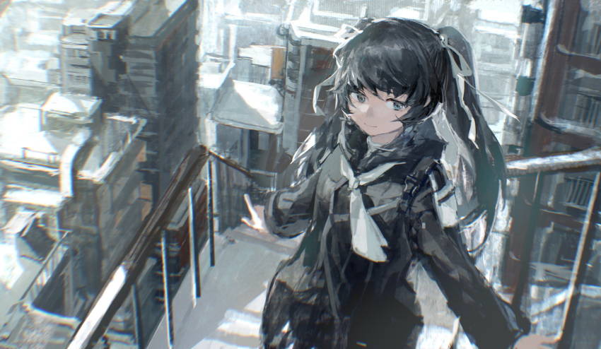 1girl absurdres black_hair black_jacket blue_eyes building city closed_mouth commentary_request highres jacket lobelia_(saclia) long_hair long_sleeves neckerchief original outdoors railing smile solo two_side_up white_neckerchief