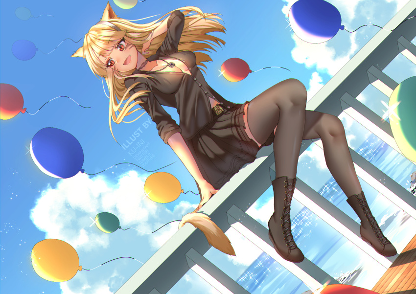 1girl :d animal_ears artist_name balloon belt black_choker black_footwear black_legwear black_shirt black_skirt blonde_hair boots breasts cat_ears cat_girl cat_tail center_opening choker clouds commission day dutch_angle hair_flip highres jewelry kuini long_hair long_sleeves medium_breasts miniskirt necklace no_bra open_mouth original outdoors pleated_skirt railing red_eyes shirt sitting skirt sky sleeves_pushed_up slit_pupils smile solo tail thigh-highs wind zettai_ryouiki
