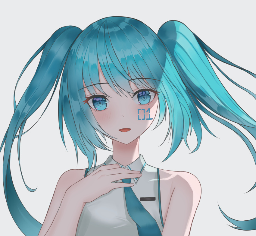 1girl absurdres aqua_hair bangs bare_shoulders blue_eyes blue_neckwear blush commentary_request face hatsune_miku highres long_hair looking_at_viewer necktie neeko_yny number open_mouth simple_background smile solo twintails vocaloid white_background