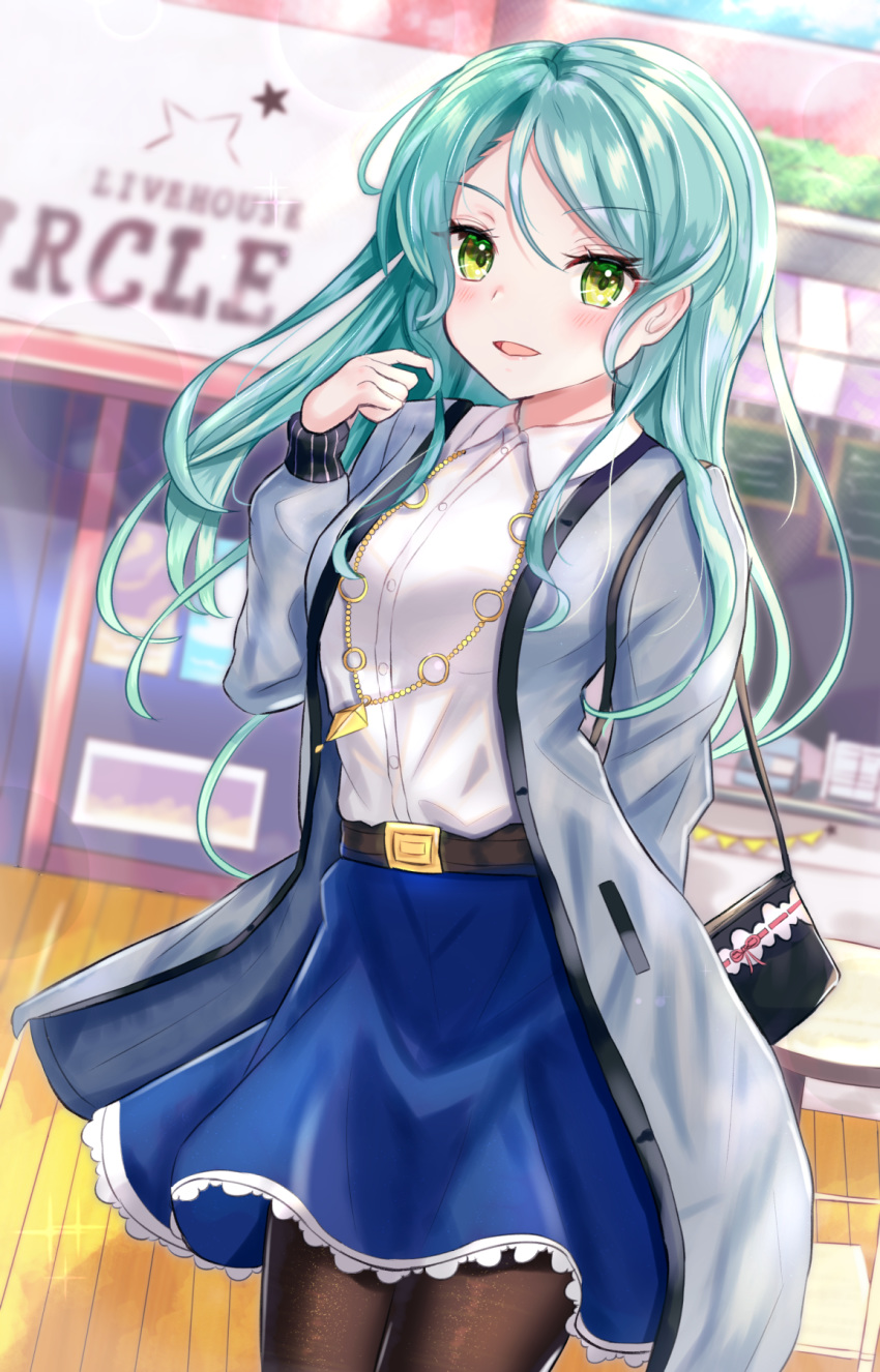 1girl aqua_hair bag bang_dream! black_bag black_legwear blue_skirt commentary_request eyebrows_visible_through_hair green_eyes green_hair green_jacket highres hikawa_sayo jacket long_hair looking_at_viewer outdoors panipo2501 pantyhose pencil_skirt shirt skirt solo standing table white_shirt