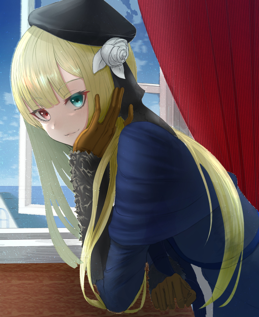 1girl bangs black_headwear blonde_hair blue_eyes blush brown_gloves commentary_request curtains eyebrows_visible_through_hair fate/grand_order fate_(series) flower from_side gloves hair_ornament hat highres indoors long_hair long_sleeves looking_at_viewer lord_el-melloi_ii_case_files reines_el-melloi_archisorte smile solo tenpai window