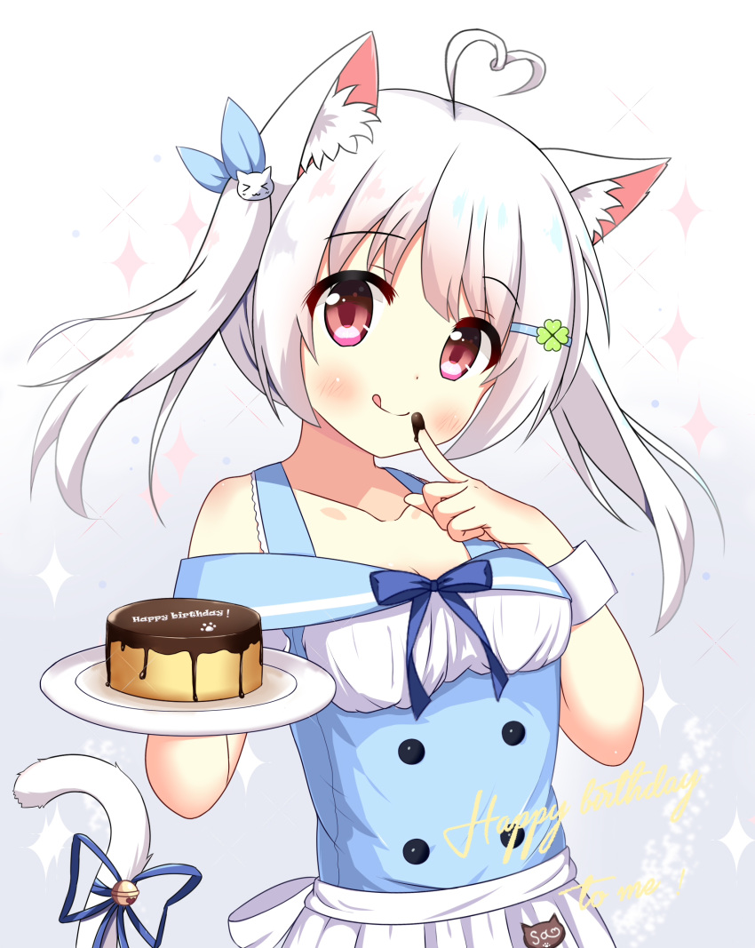 &gt;_&lt; 1girl :q ahoge animal_ear_fluff animal_ears apron bangs bare_shoulders bell blue_ribbon blue_vest blush cat_ears cat_girl cat_hair_ornament cat_tail chocolate_on_fingers closed_mouth clover_hair_ornament collarbone commentary_request eyebrows_visible_through_hair food_on_finger four-leaf_clover_hair_ornament gradient gradient_background grey_background hair_ornament hair_ribbon hairclip happy_birthday heart_ahoge highres holding holding_plate jingle_bell long_hair off-shoulder_shirt off_shoulder original plate puffy_short_sleeves puffy_sleeves red_eyes ribbon shirt short_sleeves silver_hair smile solo sparkle tail tail_bell tail_raised tail_ribbon tongue tongue_out twintails vest waist_apron white_apron white_background white_shirt xiaosamiao