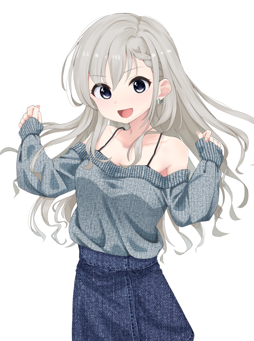 1girl :d bangs bare_shoulders blue_eyes blue_skirt blush braid breasts collarbone commentary_request denim denim_skirt earrings eyebrows_visible_through_hair grey_hair grey_sweater hair_between_eyes hands_up highres hisakawa_hayate idolmaster idolmaster_cinderella_girls idolmaster_cinderella_girls_starlight_stage jewelry long_hair long_sleeves looking_at_viewer nail_polish off-shoulder_sweater off_shoulder open_mouth pink_nails shiwa_(siwaa0419) simple_background skirt sleeves_past_wrists small_breasts smile solo sweater v-shaped_eyebrows very_long_hair white_background