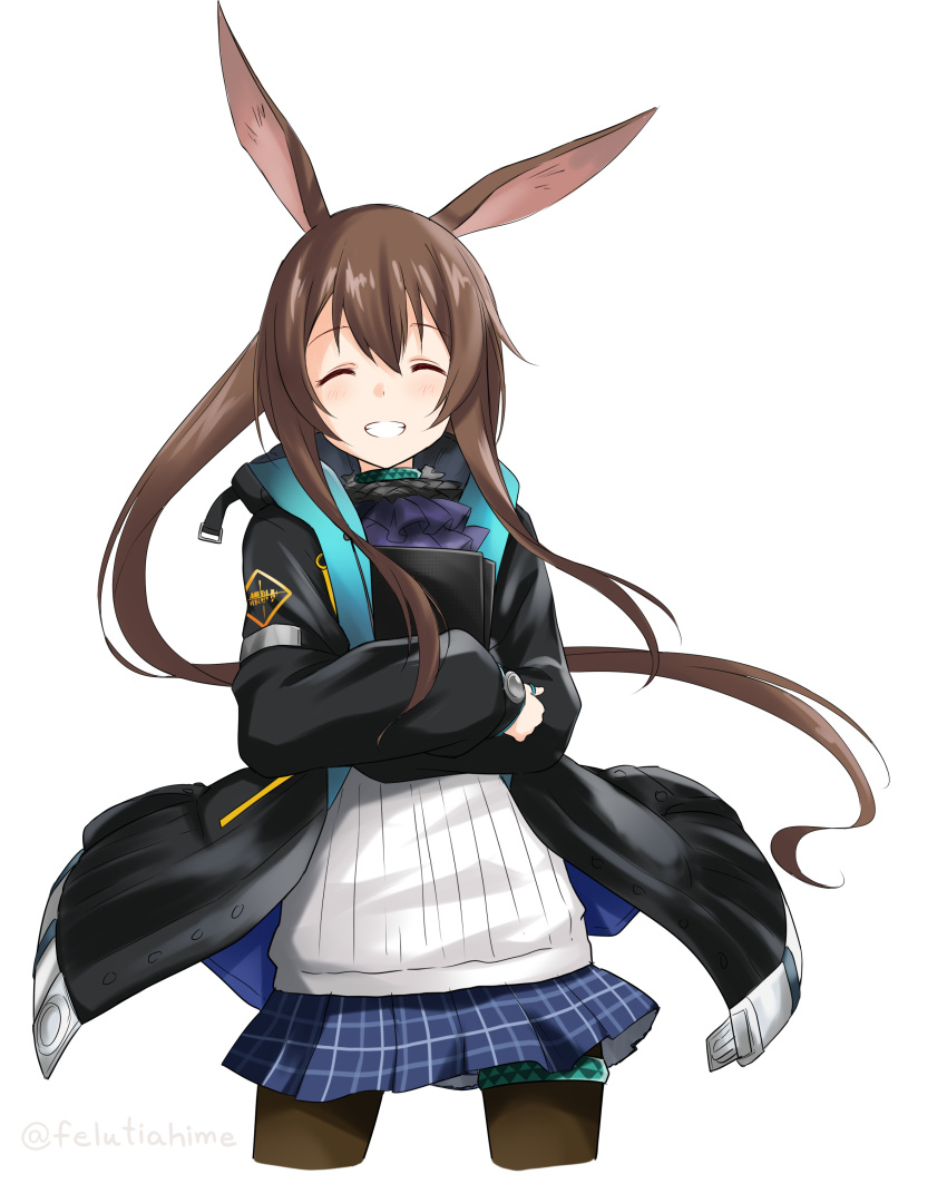 1girl absurdres amiya_(arknights) animal_ears arknights bangs black_jacket blue_skirt blush brown_hair commentary felutiahime grin hair_between_eyes highres holding jacket long_hair long_sleeves looking_at_viewer open_clothes open_jacket rabbit_ears simple_background skirt smile solo white_background