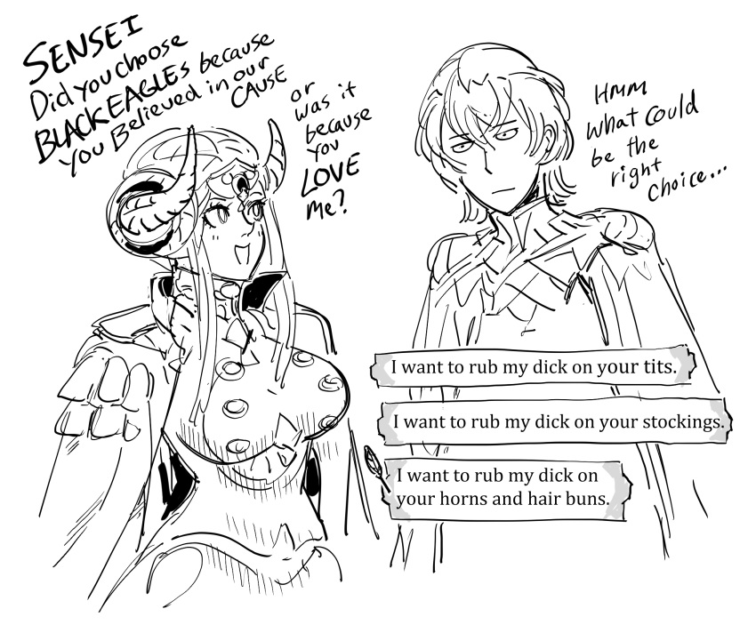 1boy 1girl :d bb_(baalbuddy) breasts byleth_(fire_emblem) byleth_eisner_(male) commentary curled_horns dialogue_box double_bun edelgard_von_hresvelg english_commentary english_text epaulettes fire_emblem fire_emblem:_three_houses greyscale highres jacket jacket_on_shoulders jitome large_breasts looking_at_another monochrome open_mouth profanity sidelocks simple_background smile truth white_background