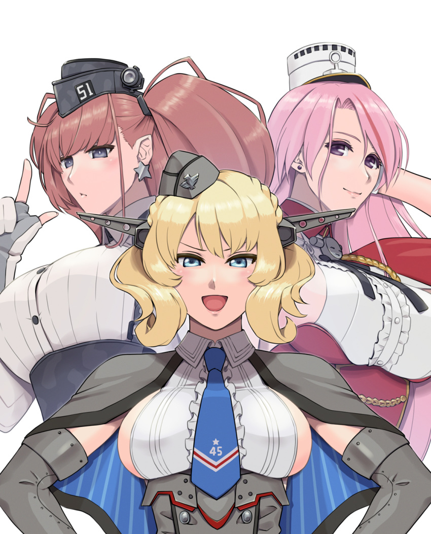 3girls armpit_cutout atlanta_(kantai_collection) black_headwear blonde_hair blue_eyes blue_neckwear breasts brown_hair capelet colorado_(kantai_collection) commentary_request dress dress_shirt earrings elbow_gloves garrison_cap gloves grey_dress grey_eyes grey_headwear hat headgear highres index_finger_raised jewelry kantai_collection kuroiani large_breasts long_hair luigi_di_savoia_duca_degli_abruzzi_(kantai_collection) multicolored_hair multiple_girls necktie partly_fingerless_gloves pink_hair pleated_dress redhead shirt short_hair side_braids sideboob simple_background sleeveless star star_earrings streaked_hair two_side_up upper_body violet_eyes white_background white_gloves white_shirt