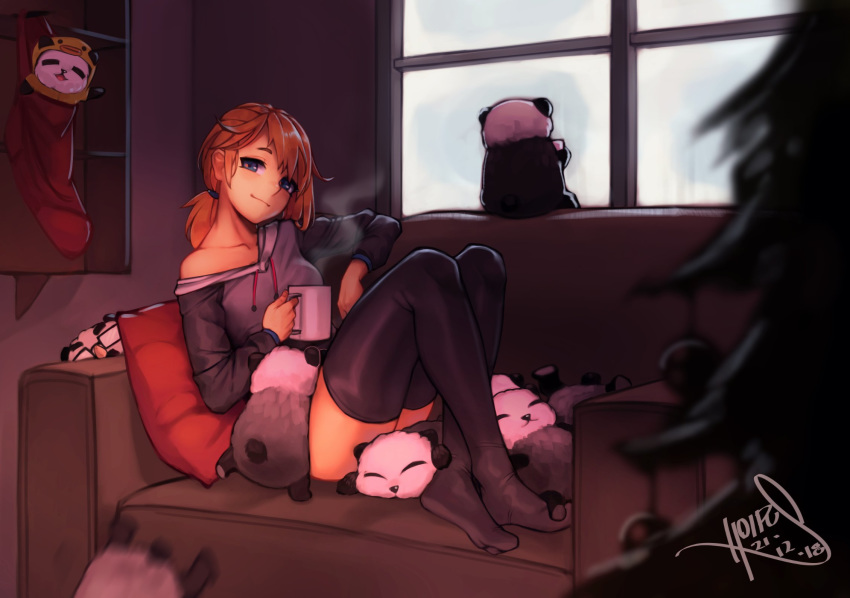 1girl artist_name black_legwear blue_eyes blush brown_hair closed_mouth collarbone couch cup dated highres hoipus holding holding_cup hood hoodie indoors long_hair long_sleeves looking_at_viewer mug original pillow signature sitting smile smug solo stuffed_animal stuffed_panda stuffed_toy thigh-highs window