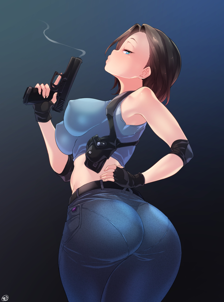 1girl ass bangs bare_shoulders blue_eyes born-to-die breasts brown_hair commentary covered_nipples denim fingerless_gloves from_behind gloves gun highres jeans jill_valentine large_breasts looking_at_viewer pants resident_evil short_hair solo weapon