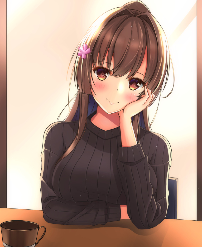 1girl black_sweater blush breasts brown_eyes brown_hair cup eyebrows_visible_through_hair flower hair_flower hair_ornament highres kantai_collection large_breasts long_hair looking_at_viewer ponytail sitting smile solo sweater table toyomi_13 very_long_hair yamato_(kantai_collection)