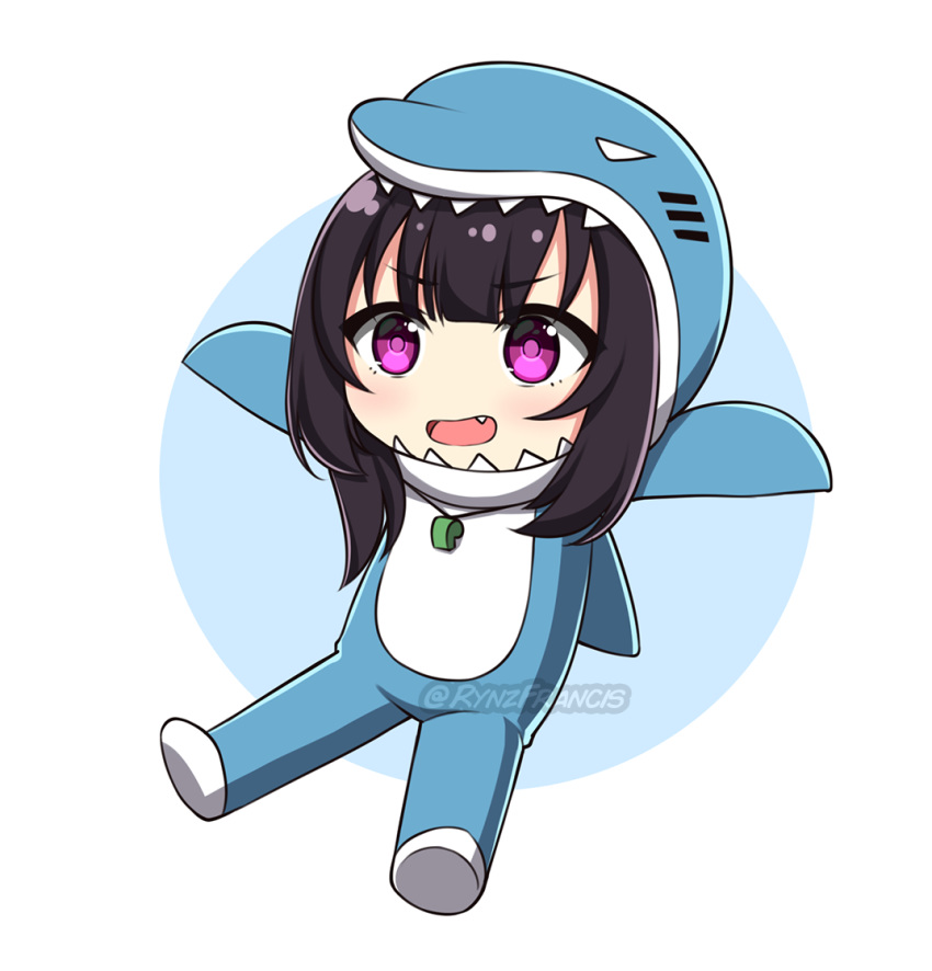 1girl :d animal_costume architect_(girls_frontline) bangs black_hair blue_background blush chibi commission eyebrows_visible_through_hair fang full_body girls_frontline looking_at_viewer open_mouth outstretched_arms rynzfrancis shark_costume sidelocks smile solo spread_arms twitter_username two-tone_background v-shaped_eyebrows violet_eyes watermark whistle whistle_around_neck white_background