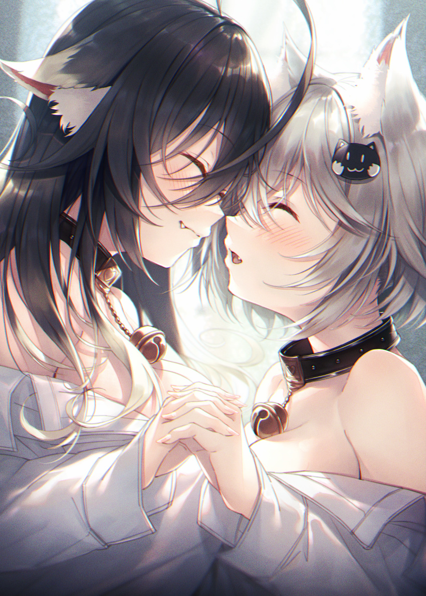 2girls absurdres ahoge animal_ear_fluff animal_ears bangs bare_shoulders bell black_collar black_hair breasts cat_ears cat_hair_ornament closed_eyes collar commentary_request eyebrows_visible_through_hair fang fang_out from_side hair_between_eyes hair_ornament hand_up hasumi_(hasubatake39) head_to_head highres holding_hands huge_filesize jingle_bell large_breasts long_hair long_sleeves multiple_girls neck_bell off_shoulder original parted_lips shirt short_hair silver_hair upper_body white_shirt yuri