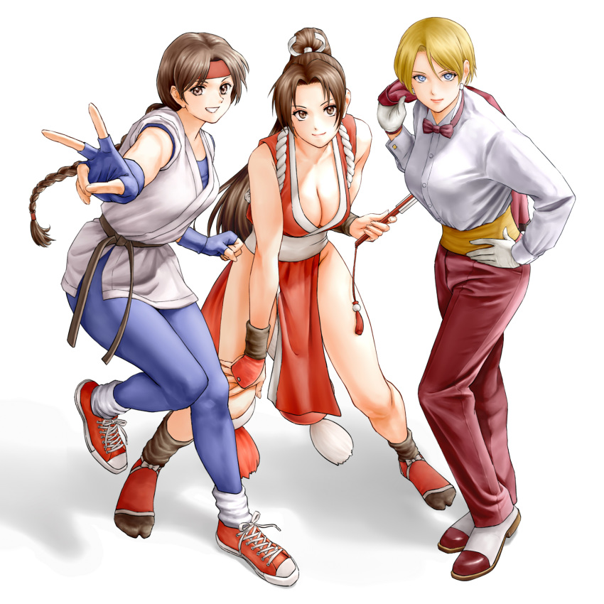 3girls blonde_hair blue_eyes bow bowtie braided_ponytail brown_eyes brown_hair dougi dress_shirt fatal_fury highres king_(snk) multiple_girls pelvic_curtain revealing_clothes ryuuko_no_ken sash shiranui_mai shirt short_hair spandex the_king_of_fighters x_chitch yuri_sakazaki