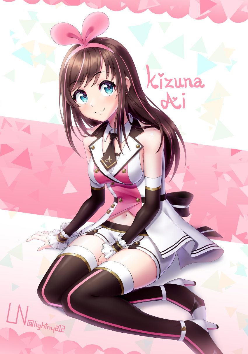 1girl a.i._channel absurdres aqua_eyes boots brown_hair highres kizuna_ai lightnya long_hair ribbon thigh-highs thigh_boots virtual_youtuber