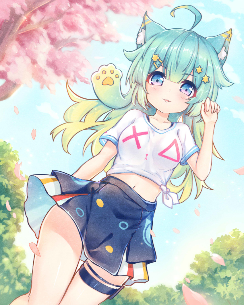 1girl :3 absurdres ahoge animal_ear_fluff animal_ears bangs blue_eyes blue_skirt blue_sky blush breasts cat_ears cherry_blossoms clouds commentary_request day dutch_angle eyebrows_visible_through_hair flower gradient_hair green_hair hair_between_eyes hair_ornament hairclip hand_up highres kiri_sakura lanmewko long_hair looking_at_viewer multicolored_hair navel original outdoors parted_lips petals pink_flower shirt short_sleeves side-tie_shirt skirt sky small_breasts solo star star_hair_ornament tied_shirt tree very_long_hair white_shirt
