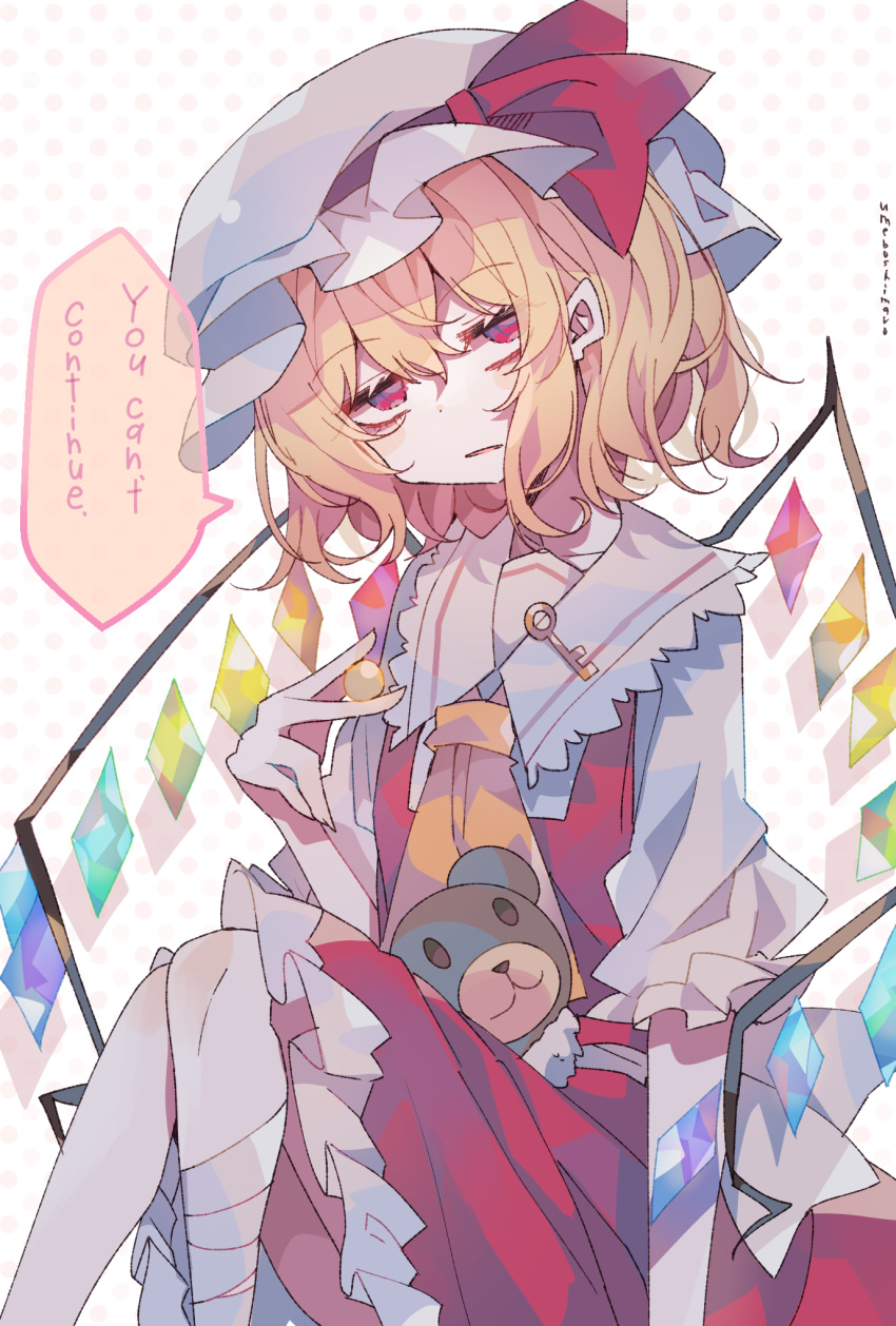 1girl ascot between_fingers blonde_hair bow coin crystal english_text expressionless flandre_scarlet frilled_shirt frilled_shirt_collar frilled_skirt frilled_sleeves frills hat hat_ribbon highres key looking_at_viewer mob_cap polka_dot polka_dot_background puffy_short_sleeves puffy_sleeves red_bow red_eyes red_ribbon red_skirt red_vest ribbon shirt short_hair short_sleeves sitting skirt skirt_set touhou umemaro_(siona0908) vest white_shirt wings yellow_neckwear