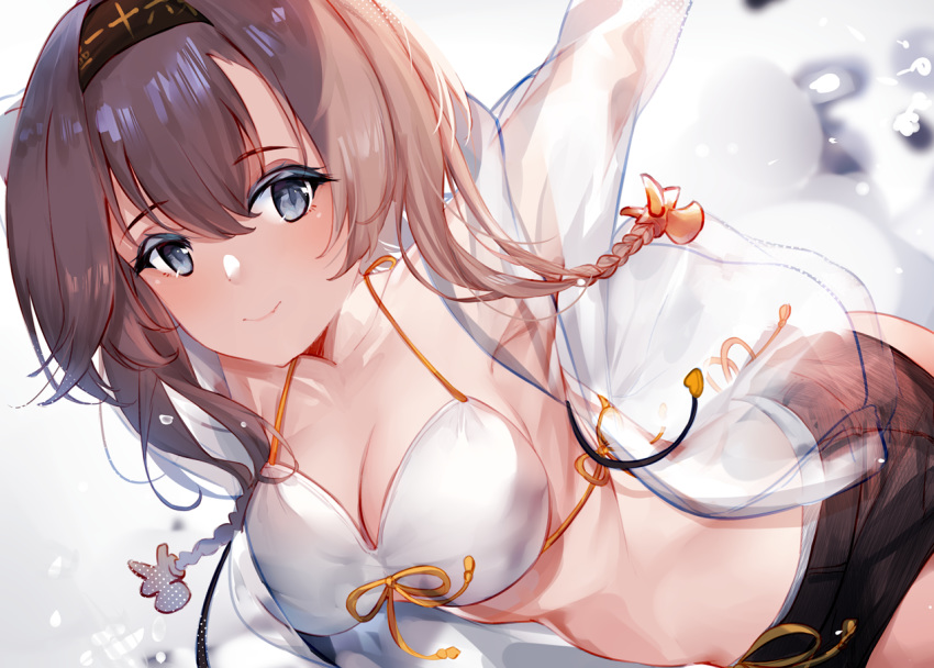 1girl alternate_costume bikini blush braid breasts brown_hair eyebrows_visible_through_hair grey_eyes hair_ornament hairband headband kagura_miyabi kantai_collection large_breasts light_brown_hair long_hair looking_at_viewer propeller_hair_ornament short_shorts shorts smile solo swimsuit teruzuki_(kantai_collection) twin_braids white_bikini