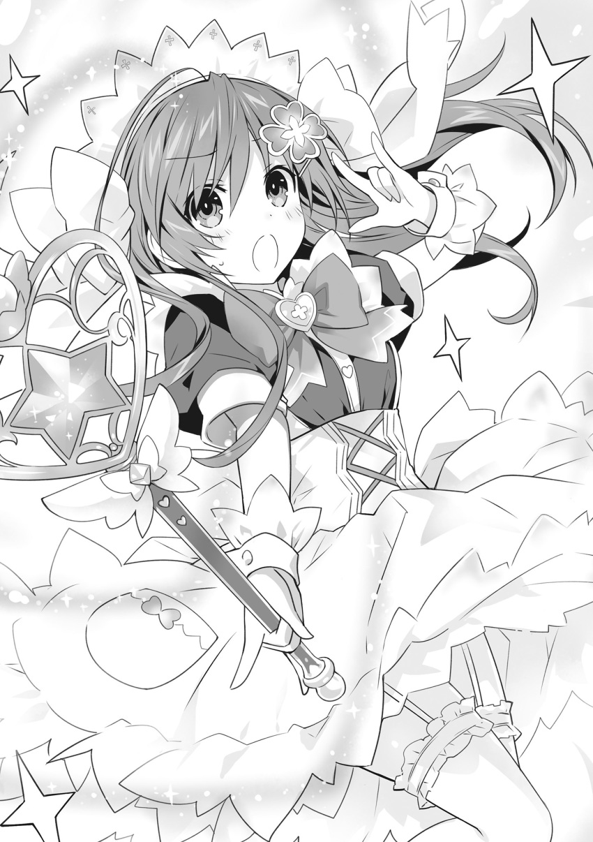 1girl clover_hair_ornament date_a_live frilled_headband frills genderswap genderswap_(mtf) greyscale hair_ornament highres itsuka_shiori monochrome novel_illustration official_art solo tsunako wand