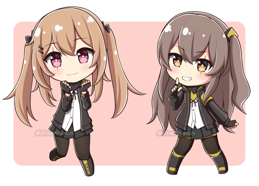 2girls black_bow black_footwear black_gloves black_jacket black_legwear black_ribbon black_skirt blush boots bow brown_background brown_eyes brown_hair chibi closed_mouth commission cross-laced_footwear dress_shirt girls_frontline gloves grin hair_bow hair_ornament hairclip hands_up hood hood_down hooded_jacket index_finger_raised jacket knee_boots lace-up_boots light_brown_hair long_hair long_sleeves looking_at_viewer multiple_girls neck_ribbon one_side_up open_clothes open_jacket pantyhose pleated_skirt ribbon rynzfrancis shirt sidelocks skirt smile standing standing_on_one_leg twintails twitter_username two-tone_background ump45_(girls_frontline) ump9_(girls_frontline) very_long_hair watermark white_background white_shirt