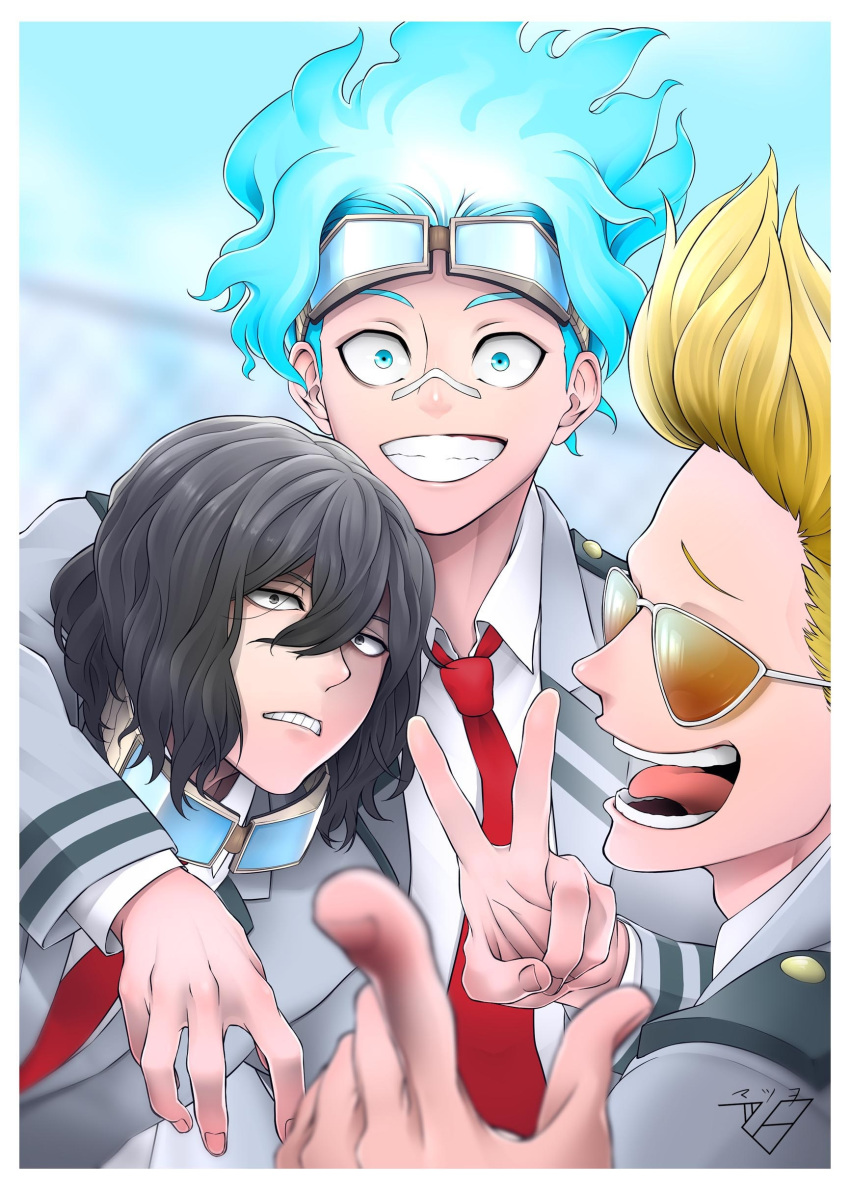 3boys absurdres aizawa_shouta bangs black_hair blonde_hair blue_eyes blue_hair blurry blurry_background boku_no_hero_academia character_request commentary_request eyewear_removed facial_hair frown grin hair_between_eyes highres long_hair long_sleeves messy_hair multiple_boys necktie outdoors red_neckwear smile stubble sunglasses tongue tongue_out translation_request v yamada_hizashi yugaminokuni