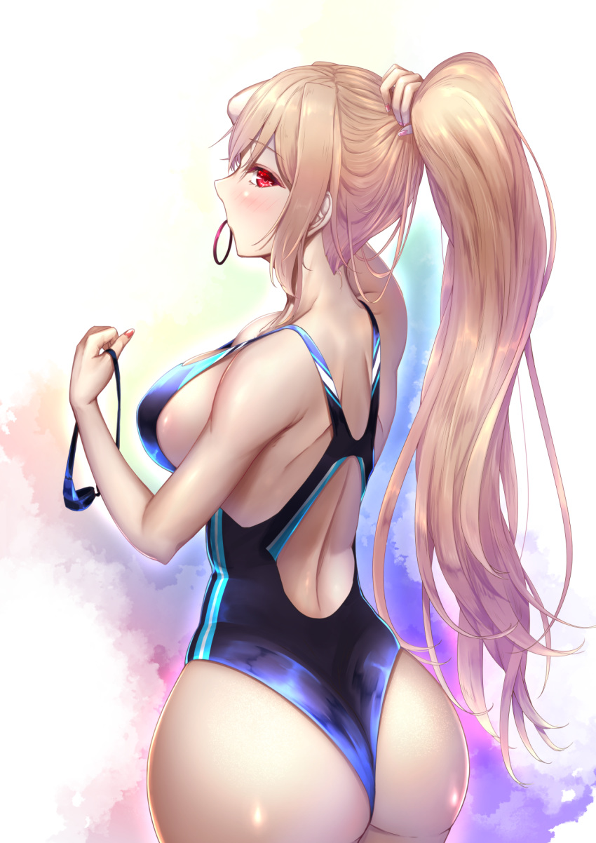 ass blonde_hair blush breasts competition_swimsuit furen_e_lustario goggles highres holding holding_hair looking_at_viewer looking_back mouth_hold nijisanji one-piece_swimsuit pale_skin ponytail red_eyes shiroshisu shoulder_blades sideboob swimsuit virtual_youtuber