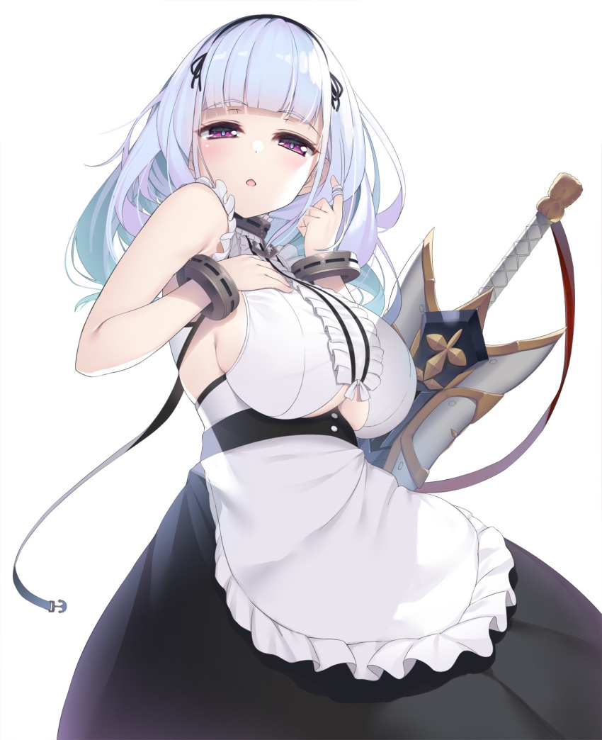 1girl anchor_choker apron azur_lane bangs black_hairband black_skirt blunt_bangs bracelet breasts center_frills chestnut_mouth choker commentary_request cowboy_shot dido_(azur_lane) eyebrows_visible_through_hair frilled_apron frilled_choker frills hairband half-closed_eyes hand_on_own_chest highres jewelry large_breasts long_hair looking_at_viewer maid_apron olive_(laai) playing_with_own_hair sheath sheathed shirt sideboob sidelocks silver_hair simple_background skirt sleeveless sleeveless_shirt solo sword under_boob underboob_cutout violet_eyes waist_apron weapon white_apron white_background white_shirt