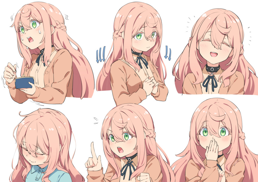 1girl blush braid closed_eyes closed_mouth covering_mouth directional_arrow expressionless facing_viewer green_eyes hair_between_eyes hand_over_own_mouth highres index_finger_raised long_hair looking_at_viewer looking_away nippon_ichi_no_koukousei_majutsushi_isekai_dorei_shoujo_wo_morau novel_illustration nyum open_mouth pink_hair sweat upper_teeth very_long_hair
