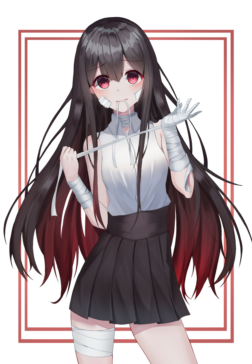 1girl absurdres bandaged_arm bandages bangs bare_shoulders black_hair breasts commentary_request copyright_request eyebrows_visible_through_hair frown highres in_mouth long_hair looking_at_viewer medium_breasts neeko_yny pleated_skirt redhead shirt skirt solo uniform white_shirt