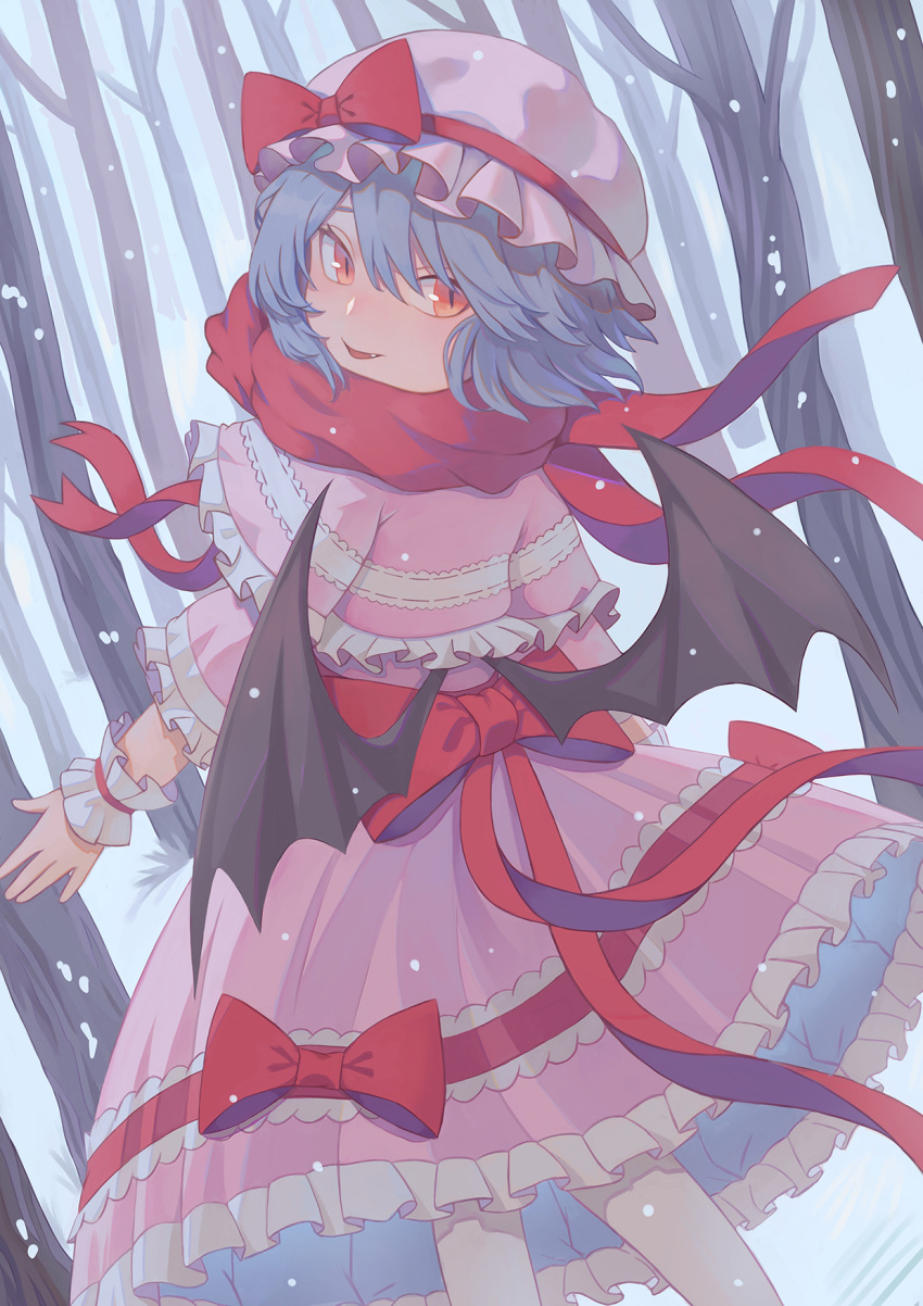 1girl bat_wings blue_hair bow dress fang fat123 frilled_shirt frilled_sleeves frills hat hat_ribbon highres looking_at_viewer looking_back mob_cap pink_dress red_bow red_eyes red_ribbon remilia_scarlet ribbon sash shirt short_hair snow touhou tree wings wrist_cuffs