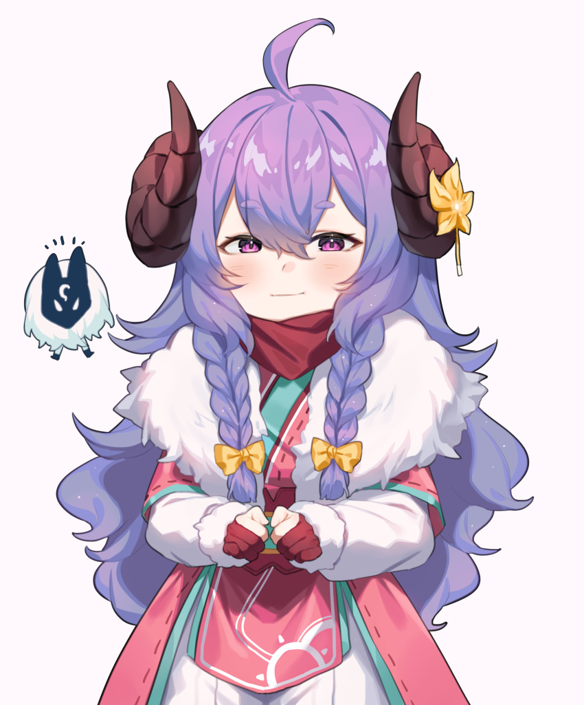 1girl absurdres ahoge bow braid closed_mouth eyebrows_visible_through_hair fingerless_gloves flower fur_trim gloves grey_background hair_between_eyes highres horns kindred league_of_legends long_hair pink_eyes purple_hair red_gloves scarf short_eyebrows simple_background smile spirit_blossom_kindred useq1067 wolf_(league_of_legends) yellow_bow yellow_flower