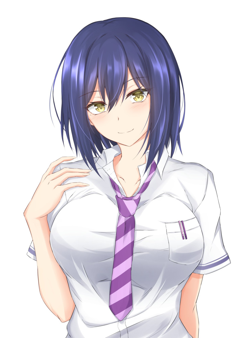 1girl bangs blue_hair blush breast_pocket breasts collarbone commentary_request diagonal-striped_neckwear diagonal_stripes eyebrows_visible_through_hair hair_between_eyes hand_up head_tilt highres large_breasts looking_at_viewer necktie nijisanji piro_(iiiiiiiiii) pocket purple_neckwear shizuka_rin short_hair short_sleeves simple_background smile solo striped striped_neckwear upper_body white_background yellow_eyes