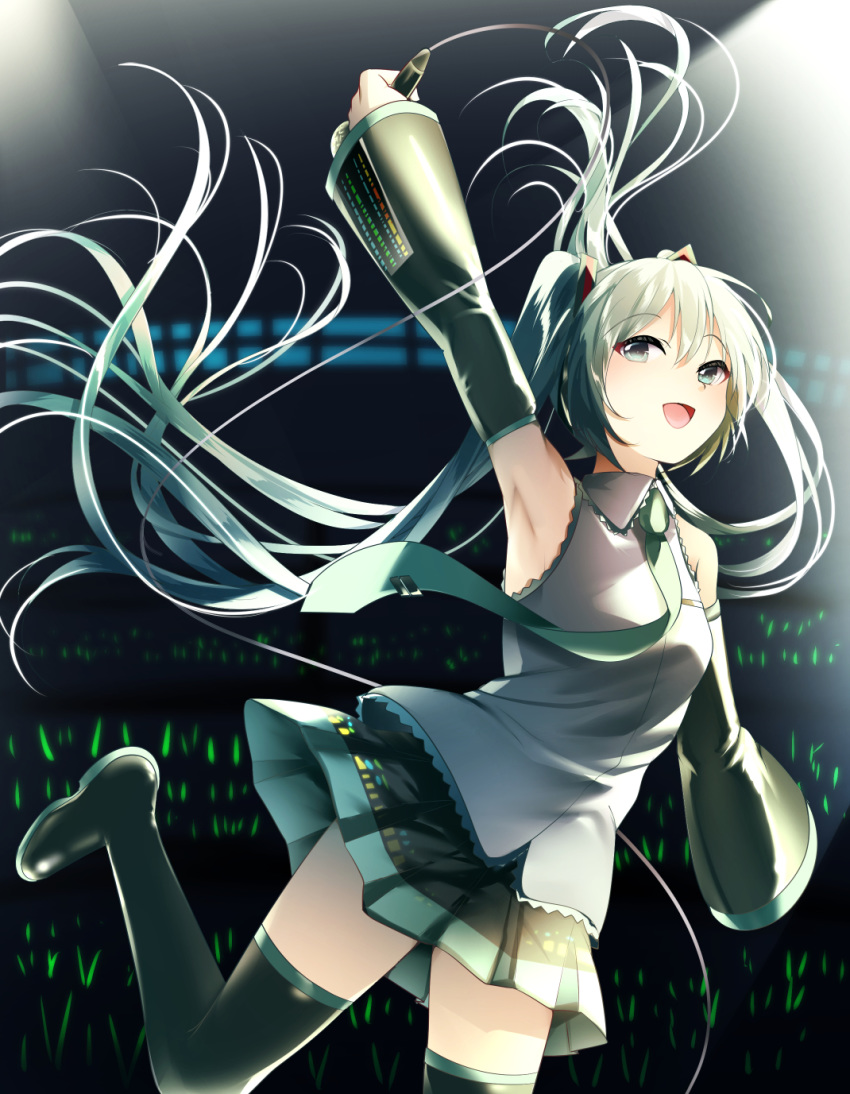1girl :d aaru arm_up armpits audience bangs black_footwear black_skirt black_sleeves boots collared_shirt detached_sleeves dress_shirt eyebrows_visible_through_hair floating_hair green_eyes green_hair grey_shirt hair_between_eyes hair_ornament hatsune_miku highres holding holding_microphone long_hair long_sleeves looking_up microphone miniskirt open_mouth pleated_skirt shirt skirt sleeveless sleeveless_shirt smile solo stage standing standing_on_one_leg thigh-highs thigh_boots twintails very_long_hair vocaloid wing_collar zettai_ryouiki