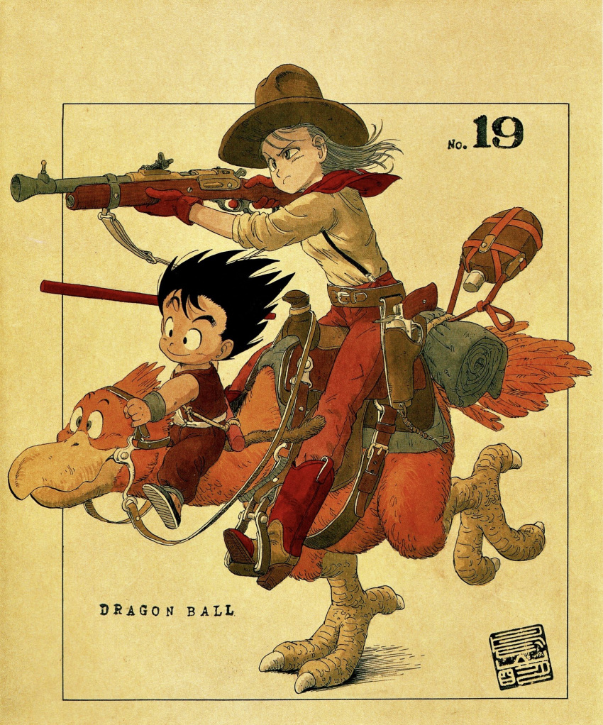 1boy 1girl aiming animal belt bird black_border black_eyes black_hair blanket boots border brown_footwear brown_gloves brown_headwear brown_pants bulma canteen closed_mouth commentary copyright_name cowboy_boots cowboy_hat dougi dragon_ball dragon_ball_(classic) english_commentary eyelashes feathers fingernails floating_hair frown full_body gloves gun handgun happy hat highres holding holding_gun holding_reins holding_weapon knee_boots looking_afar messy_hair neckerchief number official_art outside_border pants pistol red_neckwear reins riding riding_bird running saddle sepia sepia_background serious shaded_face shadow shirt shotgun simple_background sleeves_rolled_up smile son_gokuu standing standing_on_one_leg straight_hair suspenders toriyama_akira watermark weapon white_shirt wristband