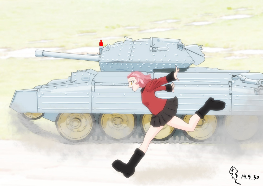 1girl artist_name black_footwear black_skirt boots brown_eyes commentary crusader_(tank) dated day dust_cloud from_side girls_und_panzer ground_vehicle highres jacket long_sleeves medium_hair military military_uniform military_vehicle miniskirt motor_vehicle oekaki_ojiisan open_mouth outdoors outstretched_arms pleated_skirt red_jacket redhead rosehip_(girls_und_panzer) running signature skirt smile solo spread_arms st._gloriana's_military_uniform tank uniform