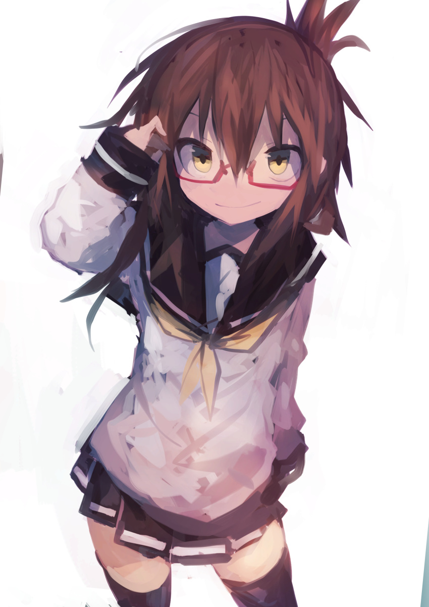 1girl absurdres bangs bespectacled black_legwear black_skirt brown_hair folded_ponytail glasses hair_between_eyes highres inazuma_(kantai_collection) kaamin_(mariarose753) kantai_collection long_sleeves pleated_skirt ponytail red-framed_eyewear sailor_collar school_uniform serafuku simple_background skirt smile solo thigh-highs white_background yellow_eyes yellow_neckwear